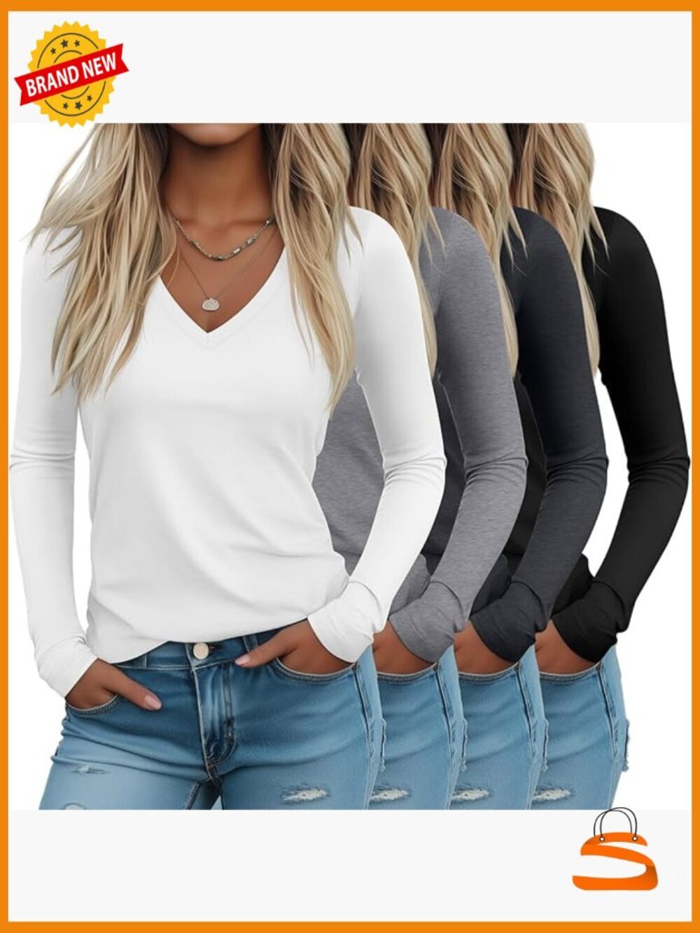 4 Pack Women's Deep V Neck Long Sleeve Slim Fitted Tee T Shirts